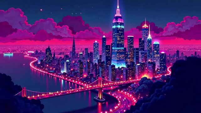 Dynamic city skyline transitions from dusk to night, highlighting glowing skyscrapers and a winding river, with a smooth zoom out capturing the vibrant atmosphere