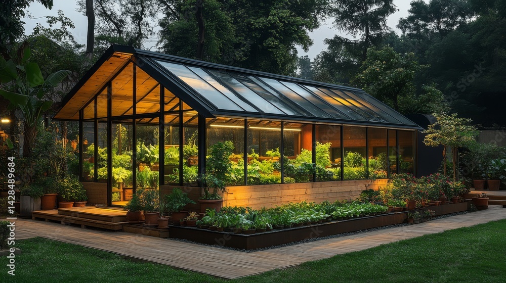 Poster a modern greenhouse in an urban area utilizes hydroponics and vertical farming methods. the structur