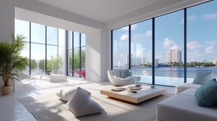 Fototapeta premium Modern living room with large windows overlooking a serene waterfront in daytime
