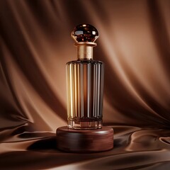 Naklejka premium A bottle of perfume elegantly placed on a rustic piece of wood, showcasing its design and natural surroundings. 