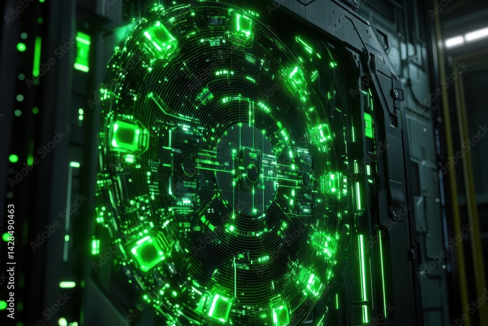 Poster futuristic green circuit design with intricate patterns in a high-tech setting