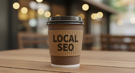 Potrait of "LOCAL SEO" text on coffee cup, outdoor cafe background, digital marketing and business growth concept 