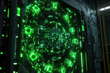 Futuristic green circuit design with intricate patterns in a high-tech setting