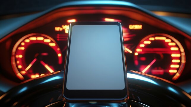 Blank screen mobile phone in man's hand while driving (Mockup for navigation app). Smartphone Mockup on Car Dashboard at Night