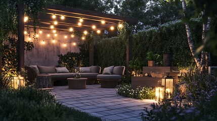 Outdoor patio space under a pergola at night, illuminated by string lights.