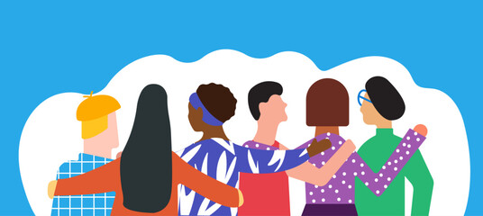 Conceptual illustration about friendship, bond, diversity, inclusion and togetherness. Some teenager boy and girls back side is seen, each of them put their hand in others shoulder and back.