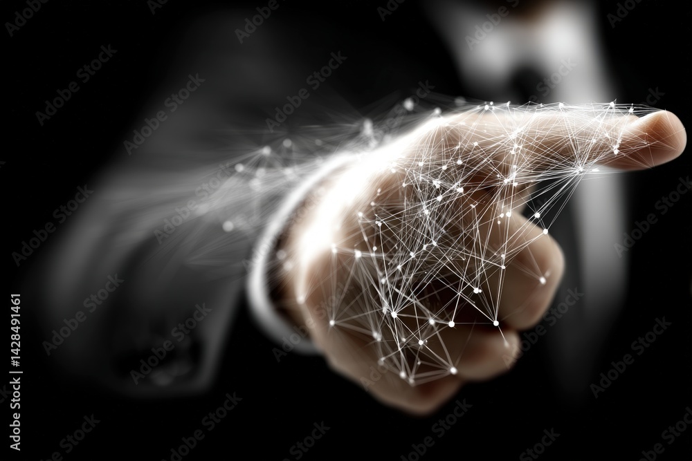 Poster a hand extends with glowing connections, symbolizing technology and digital interaction in a modern,