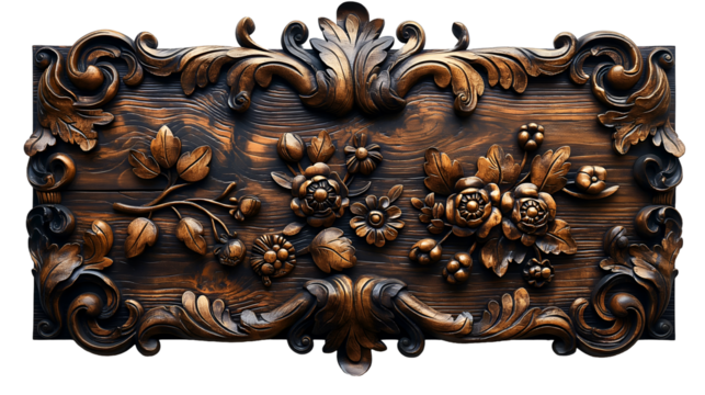 Rococo Wood Panel Intricate Floral Carving in Dark Wood for Elegant Wall Art.