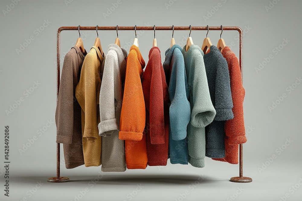 Poster colorful sweaters hang on a rack in a minimalist display during daylight in a casual setting