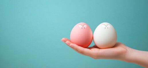 A woman had three smiling Easter bunny eggs painted onto her hand