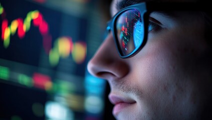 Person wearing glasses looking at a screen displaying financial charts data.