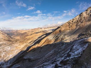 Aerial view around a mountain pass, European Alps, Switzerland
