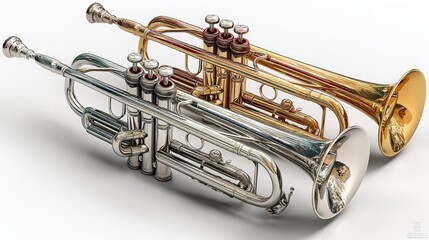 Obraz premium 3D Render of Brass and Silver Trumpets in Isometric View with Minimalistic Style on White Background