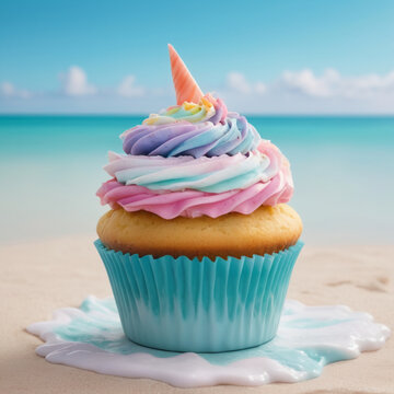 Pastel coloured iced cupcake with a cone on top on a beach on a sunny dya. 