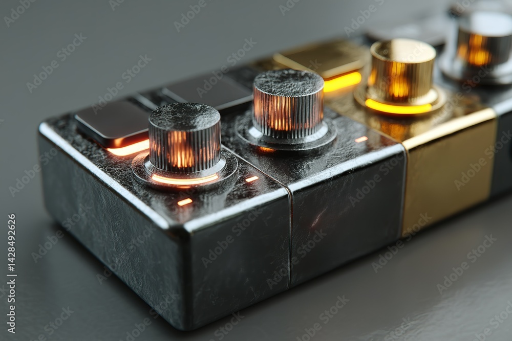 Poster stylish audio control panel with illuminated knobs and sleek design in modern workspace setting