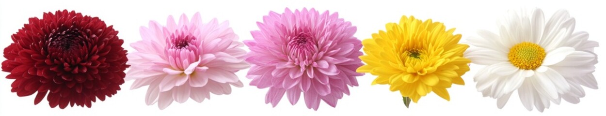 A collection of flowers viewed from directly above, isolated and set against a transparent white background