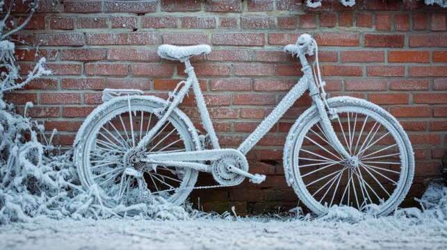 White bicycle covered in frost leaning against a brick wall outdoors.