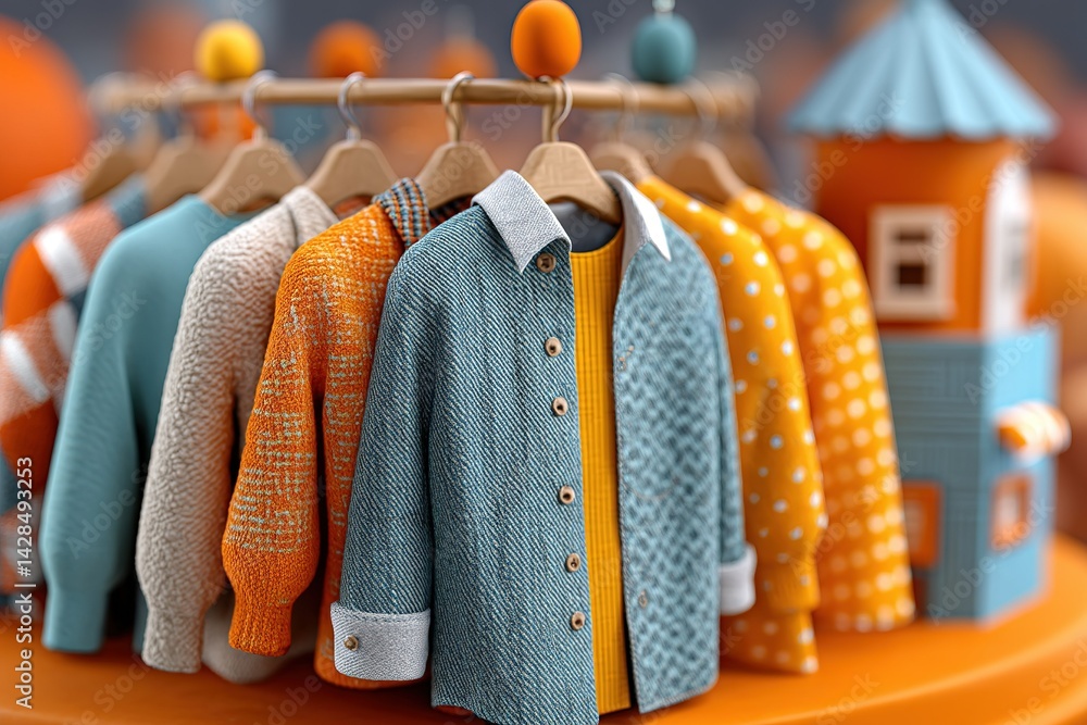Poster colorful knitwear displayed in a vibrant setting with playful elements and an inviting atmosphere fo