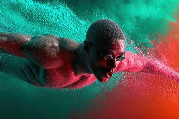 Competitive swimmer performs powerful stroke in vibrant underwater scene during early morning training session