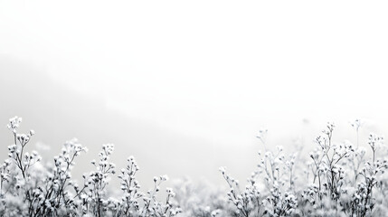 Delicate white wildflowers blooming on horizontal pure white background minimalist nature photography