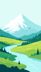 Mountain River Valley Landscape with Birds Flying