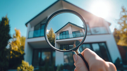 A woman's hand holds a magnifying glass aimed at a luxury private house in the suburbs. The concept of buying, renting, evaluating and real estate services