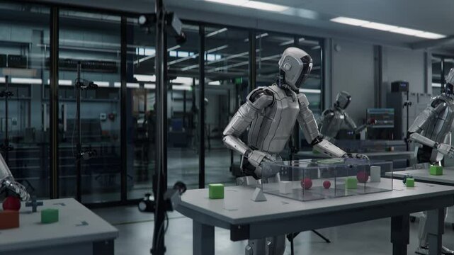 3D Animation: Humanoid Robot Research and Development Center. Education and Training Process of General Purpose AI-enabled Robot, it Solves Challenges, Demonstrates Reasoning Skills and Agility