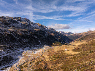 Aerial view around a mountain pass, European Alps, Switzerland
