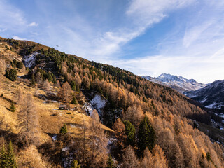 Aerial view around a mountain pass, European Alps, Switzerland