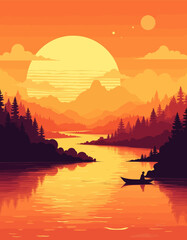 Obraz premium Orange Sunset Lake with Silhouette of Person in Boat