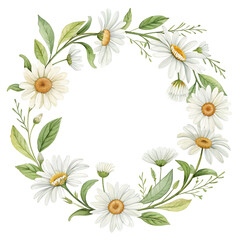 Watercolor Wreath of White Daisies and Greenery