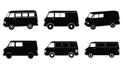 Fototapeta premium A vector set of transport icons features a collection of car, truck, van, and bus silhouettes for automobile and delivery design