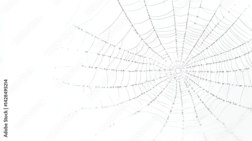 Wall mural spiderweb dew drops sparkling on web strands against white background