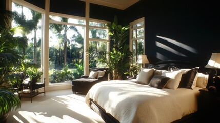 Fototapeta premium Peaceful bedroom with navy blue accent walls and soft cream furniture.