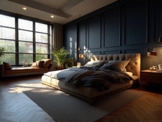 Peaceful bedroom with navy blue accent walls and soft cream furniture.