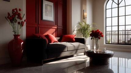 A calm living room with red accents used sparingly on pillows, a decorative vase, and an accent wall.