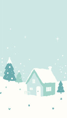 Pastel Blue Winter Scene with House and Snowflakes
