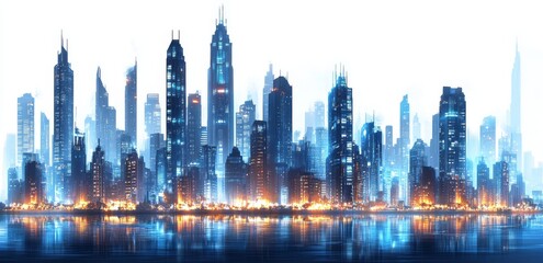 Obraz premium Urban skyline at night featuring skyscrapers that glow, set against a transparent white background