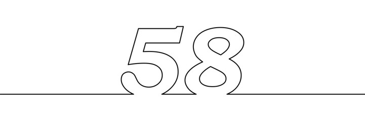 A single line drawing of a fifty eight symbol. One line icon. Continuous line fifty eighth number icon. Simple black outline of the number 58. Vector illustration