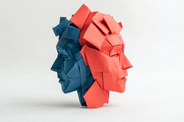 Orange and Blue Origami Faces Intertwined in Abstract Symmetry