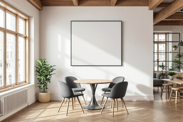 Fototapeta premium Cozy dining corner with blank frame on white wall, Scandinavian style, wooden interior background, concept of presentation or branding. Ai generative