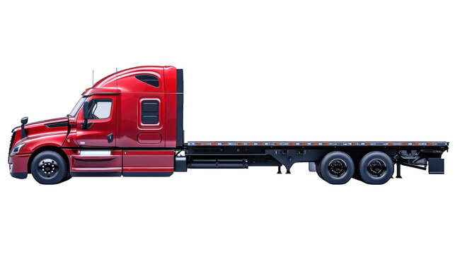 A side view of a red semi-truck pulling a flatbed trailer against a black background.