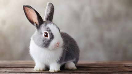 Obraz premium A gray and white rabbit is sitting on a wooden table. Generated using AI.