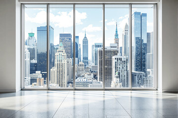 Bright modern interior space with floor-to-ceiling windows displaying city skyline, minimalist style, white background, concept of urban design. Ai generative