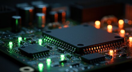 Close up of a circuit board with chips and glowing green lights.