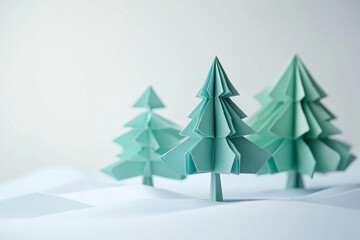 Origami Forest with Green Trees and Vibrant Yellow Flowers on Plain Background