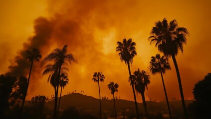 A Landscape of Destruction Palm Trees Silhouetted Against a Fiery Orange Sky During a Wildfire