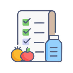 Healthy lifestyle checklist with fruits and vitamin supplements