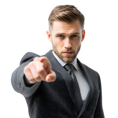 Confident businessman points at the viewer, demanding attention and accountability with his direct gaze and powerful gesture.
