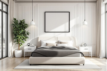 Fototapeta premium Cozy bedroom interior with blank frame above bed, clean minimal design, bright daylight background, concept of mockup or presentation. Ai generative